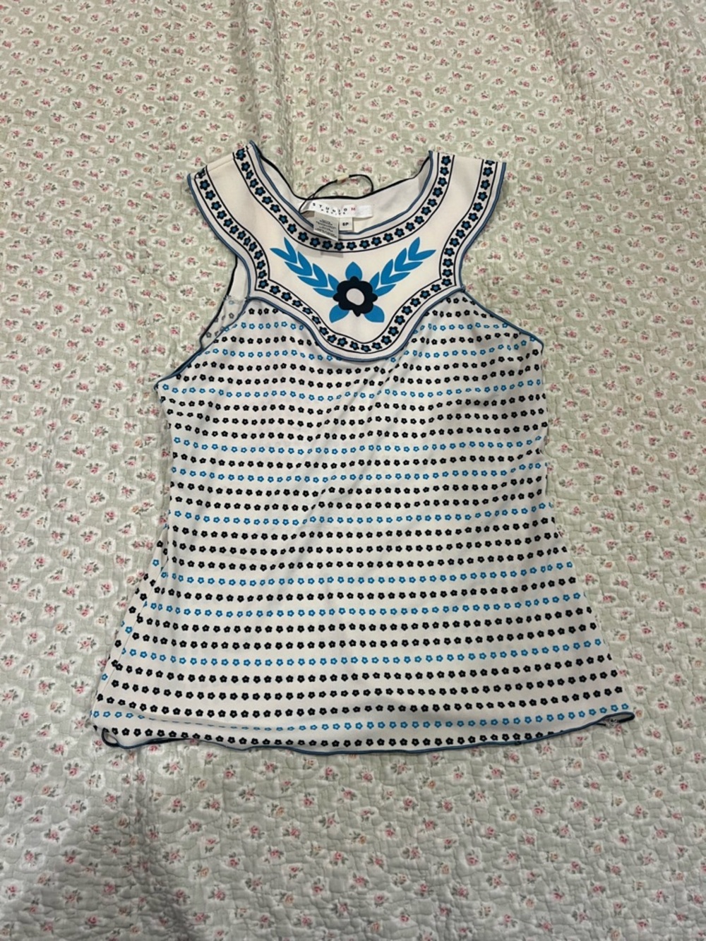 Studio M White Tank Top with Blue & Black Embroidered Yoke